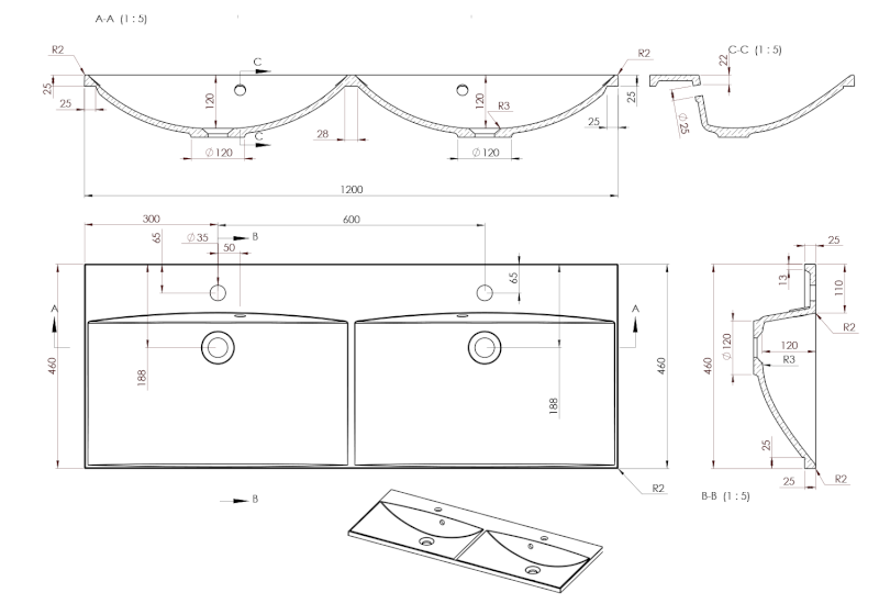 MARIA dvojumyvadlo, litý mramor, 120x46cm, bílá MA120
