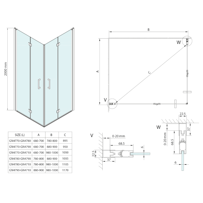 LORO sprchové dveře skládací pro rohový vstup 700mm, čiré sklo GN4770