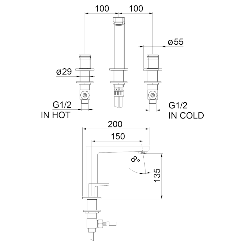 TURSI tříprvková stojánková umyvadlová baterie, černá mat TI017B