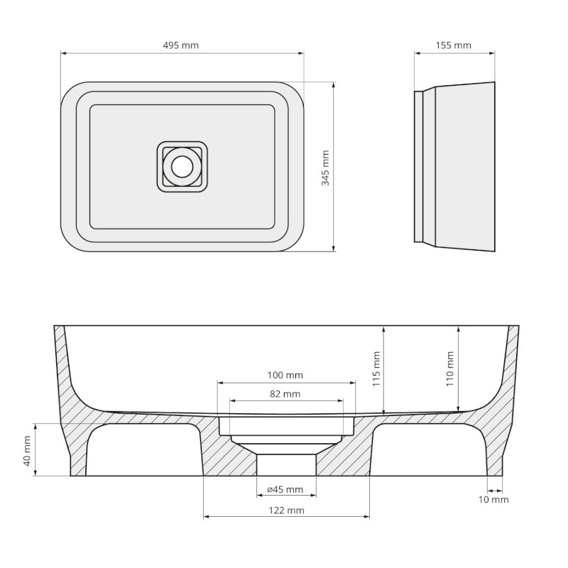 BANERA SQUARE umyvadlo na desku, litý mramor, 50x36cm, šedá mat 14596.31