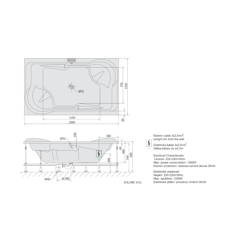 DUO hydromasážní vana, 200x120x45cm, Active Hydro-Air, chrom 16111.2010