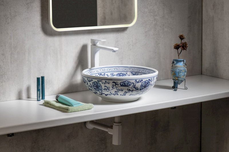 PRIORI keramické umyvadlo na desku, Ø 41 cm, bílá s modrým vzorem PI012