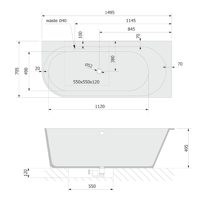 SUSSI R rohová stojící vana litý mramor 150x70x49,5cm, černá/bílá 93241R