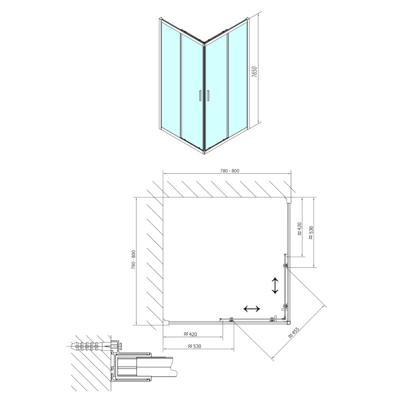 CARMEN sprchová čtvercová zástěna 800x800x1650mm, čiré sklo MD5216