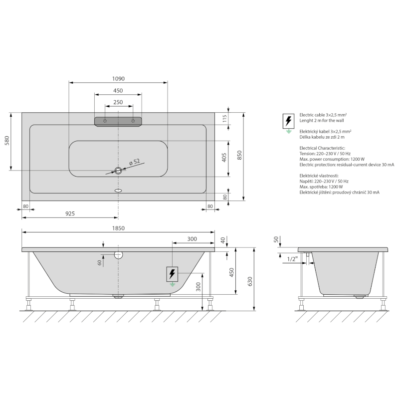 CASCATA hydromasážní vana, 185x85x45cm, kaskáda bílá, Highline Hydro-Air, bílá 73836.101.6020