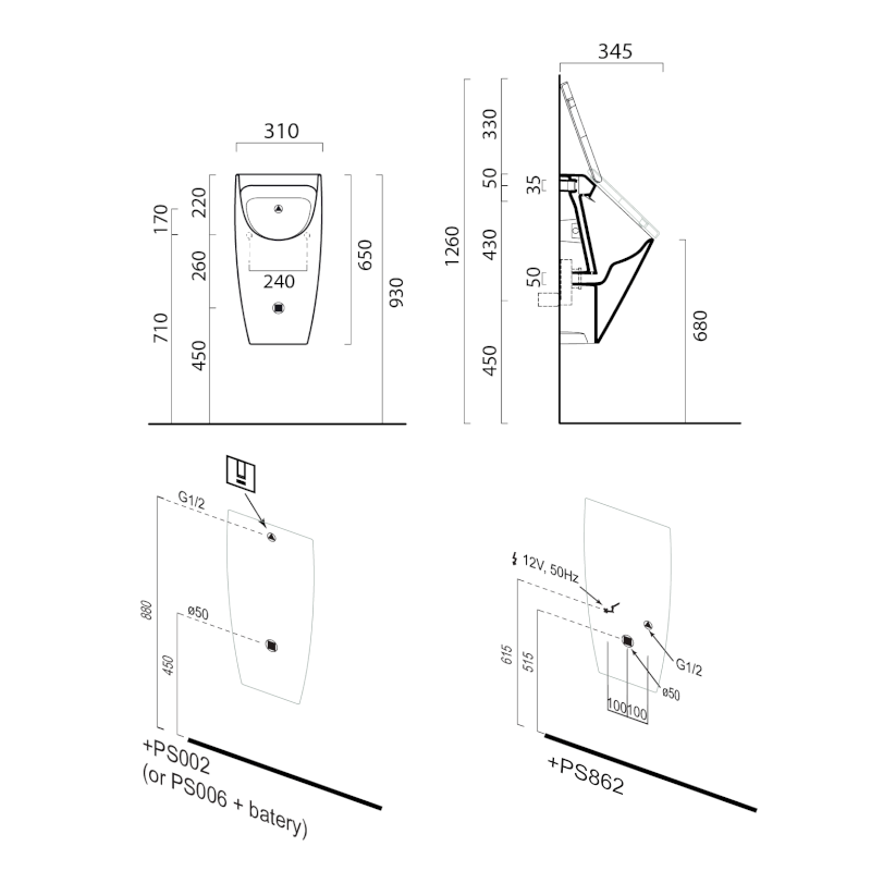 COMMUNITY urinál se zakrytým přívodem vody s otvory pro víko 31x65cm, bílá mat 909809