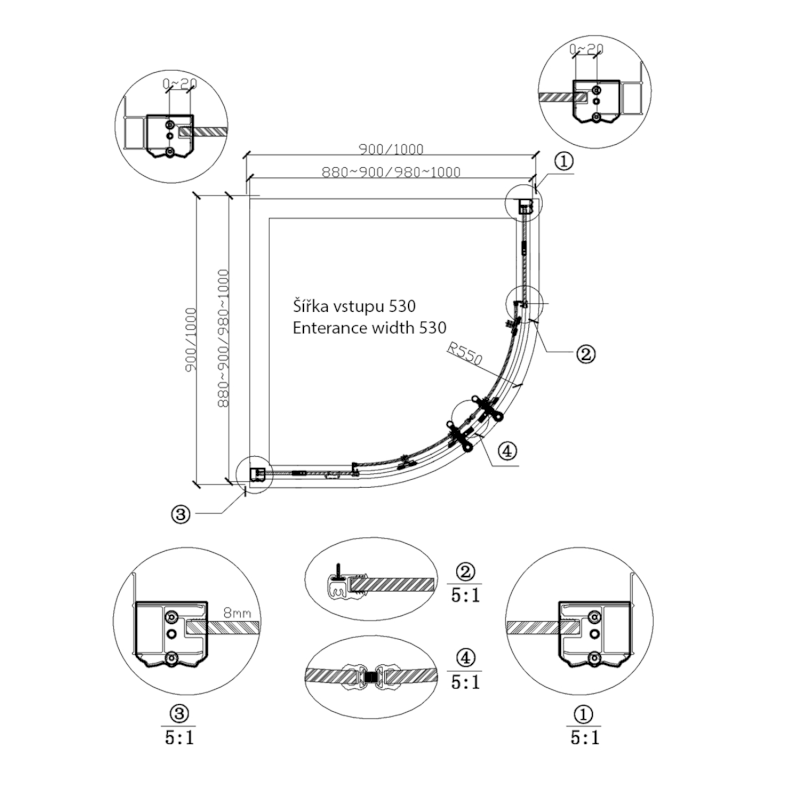 ANTIQUE čtvrtkruh. zástěna 1000x1000, posuv. dveře dvoukřídlé, ČIRÉ sklo, bronz GQ5210C