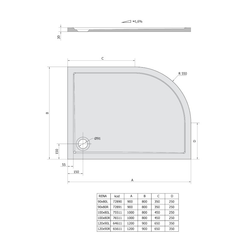 RENA R sprchová vanička z litého mramoru, čtvrtkruh 90x80cm, R550, pravá, bílá 72891