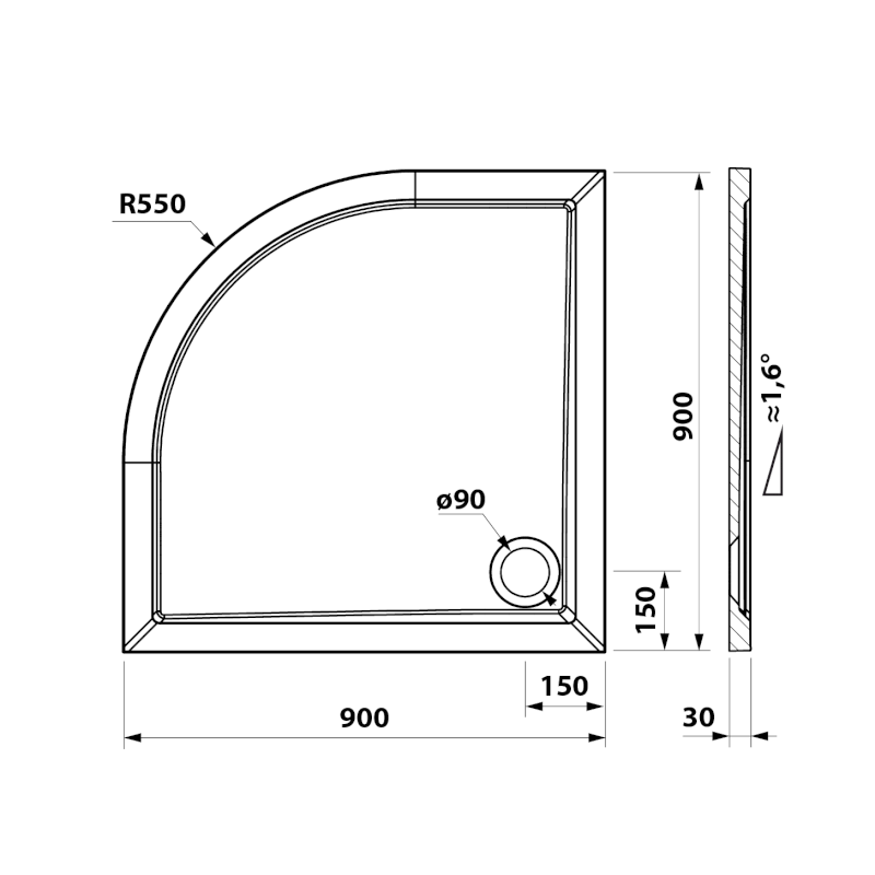 ELSE sprchová vanička z litého mramoru, čtvrtkruh 90x90cm, R550, bílá 800.311.4