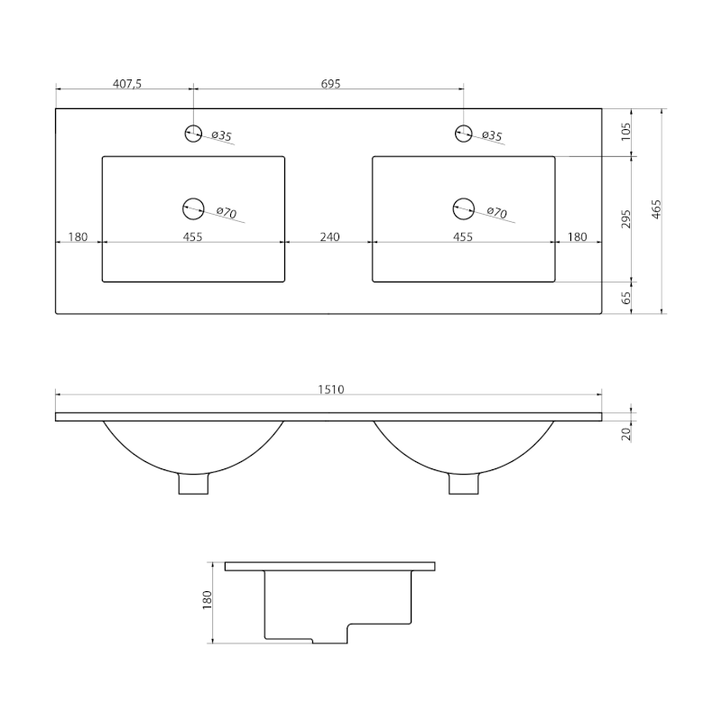 SLIM keramické dvojumyvadlo, nábytkové, 150x46cm, bílá 1601-150