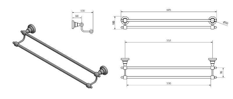 DIAMOND dvojitý držák ručníků 600mm, bronz 1318-11