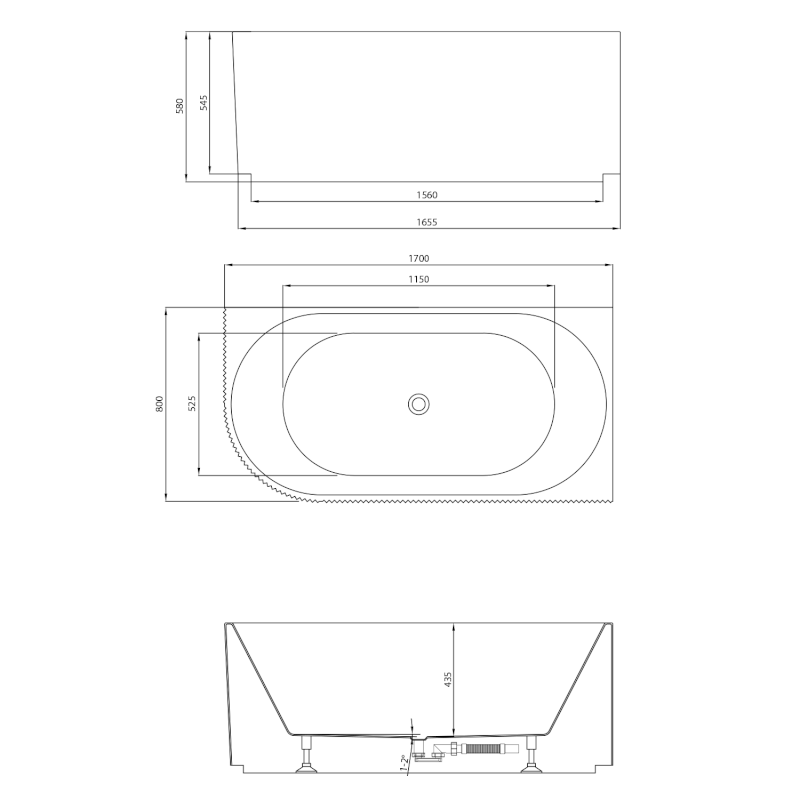 TIBERA STRIP R rohová stojící vana, 170x80cm, bílá E1015G