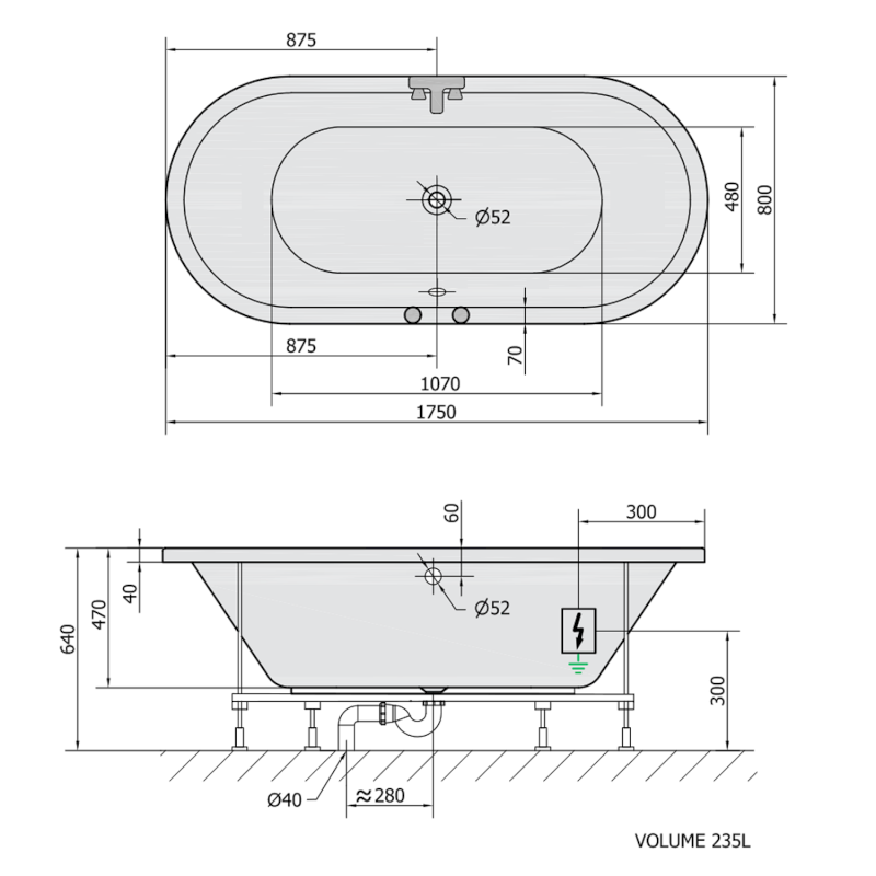 VIVA O hydromasážní vana, 175x80x47cm, Highline Hydro-Air, chrom 79119.6010