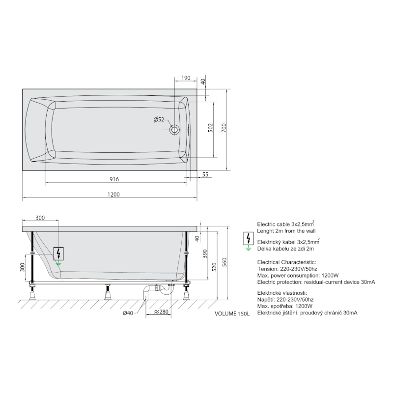 LILY hydromasážní vana, 120x70x39cm, Attraction Hydro, chrom 25111.3010