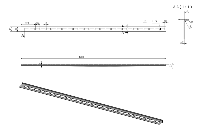 Spádová lišta, pravá, výška 10mm, délka 1200mm, nerez mat SPD1210-P