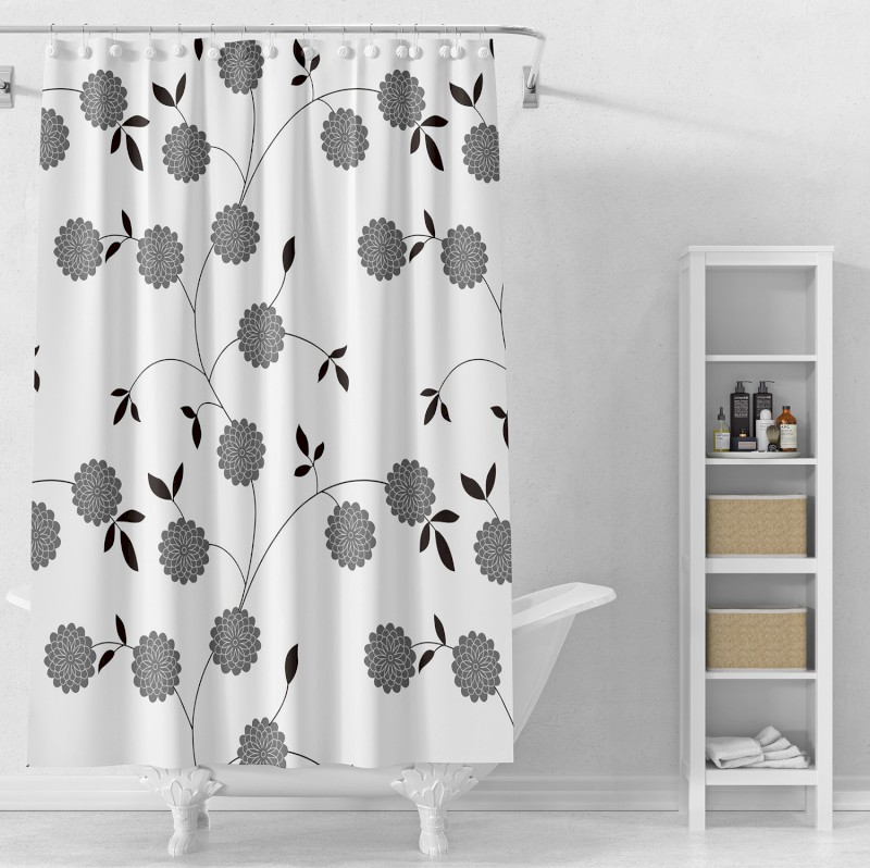 Sprchový závěs 180x180cm, vinyl, bílá, černé kytky ZV037