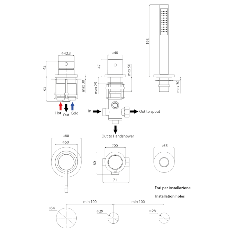 BLUE tříprvková baterie na okraj vany, chrom BUTECH3