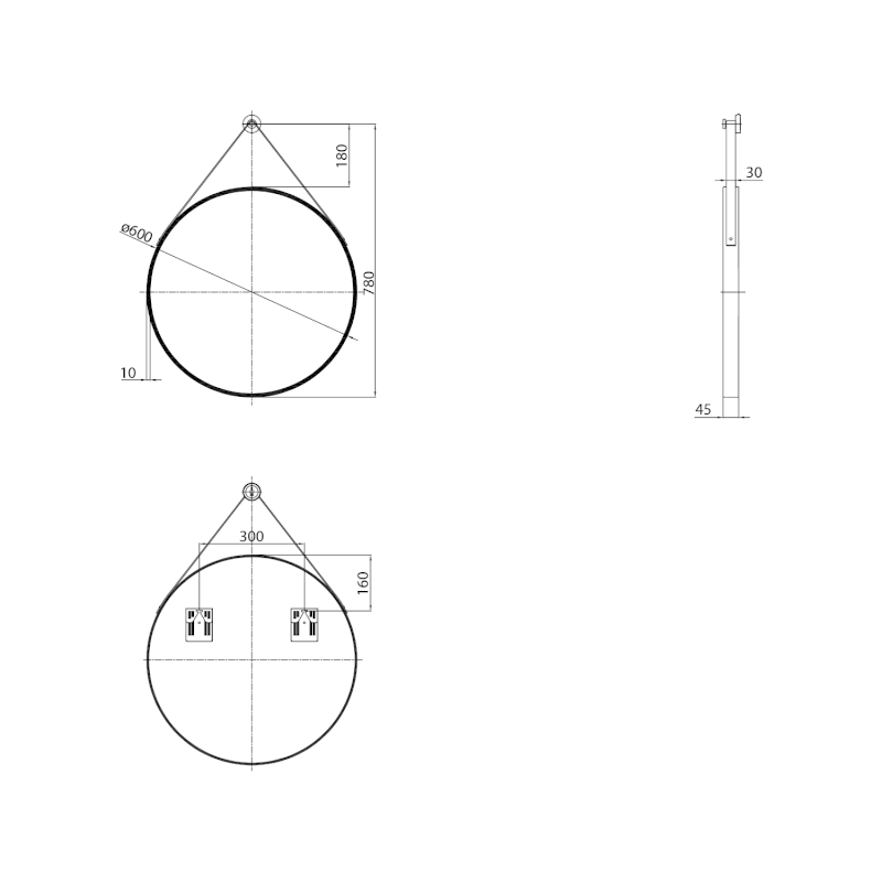 STAGO kulaté zrcadlo ø 60cm, kožený pásek, černá mat SG065