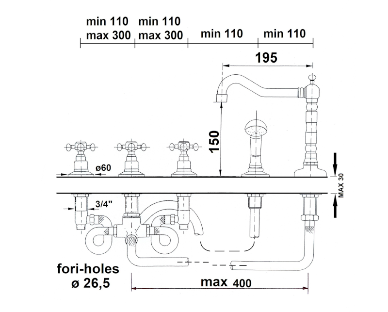 ANTEA pětiprvková baterie na okraj vany s retro hubicí, chrom 3881