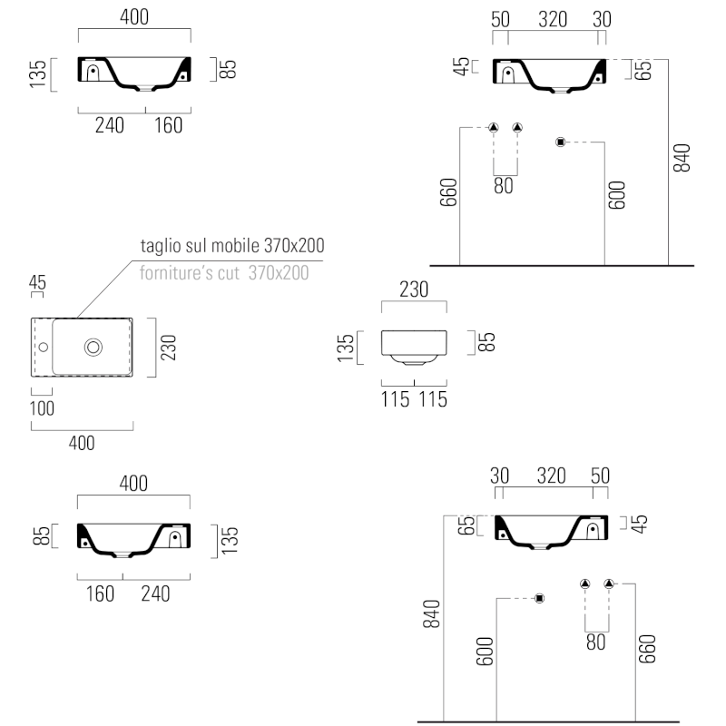 NUBES keramické umývátko 40x23cm, bez otvoru, pravé/levé, černá mat 9636026