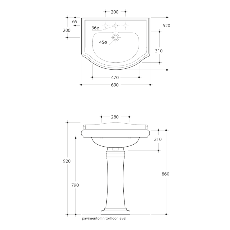 RETRO keramické umyvadlo 69x52cm, 3 otvory, bílá 104601-3