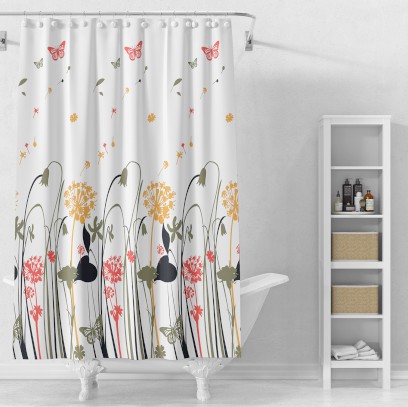 Sprchový závěs 180x180cm, vinyl, bílá, barevné kytky ZV038