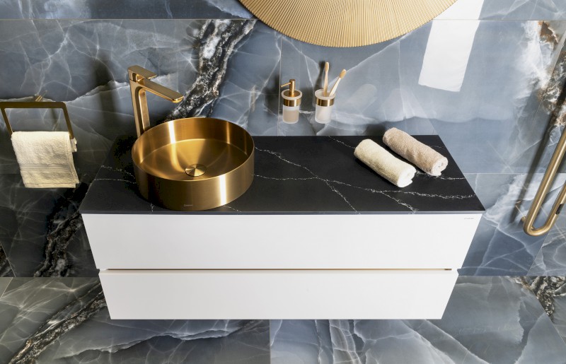 AURUM nerezové umyvadlo na desku, průměr 38cm, včetně výpusti, zlato mat AU201