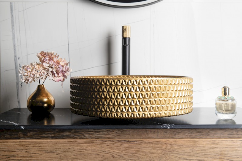 MARAGUA skleněné gravírované umyvadlo na desku Ø 39,5cm, zlatá TY214Z