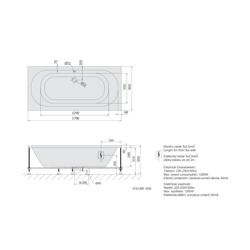 LEVANA hydromasážní vana, 170x80x39cm, Active Hydro, chrom 71745.1010