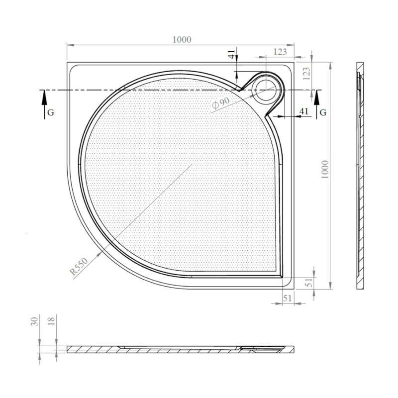 ARCA sprchová vanička z litého mramoru, čtvrtkruh 100x100cm, R550, bílá PA551