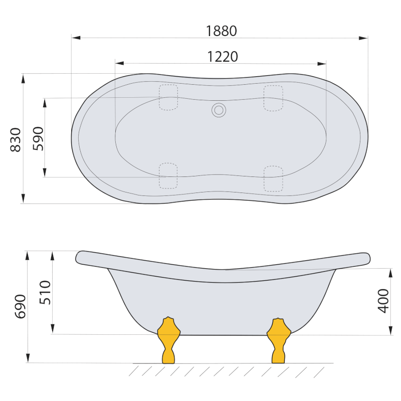 CHARLESTON volně stojící vana 188x83x69cm, nohy bronz, černá/bílá 72960