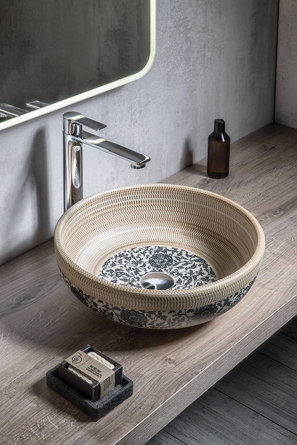 PRIORI keramické umyvadlo na desku, Ø 41 cm, béžová s modrým vzorem PI011