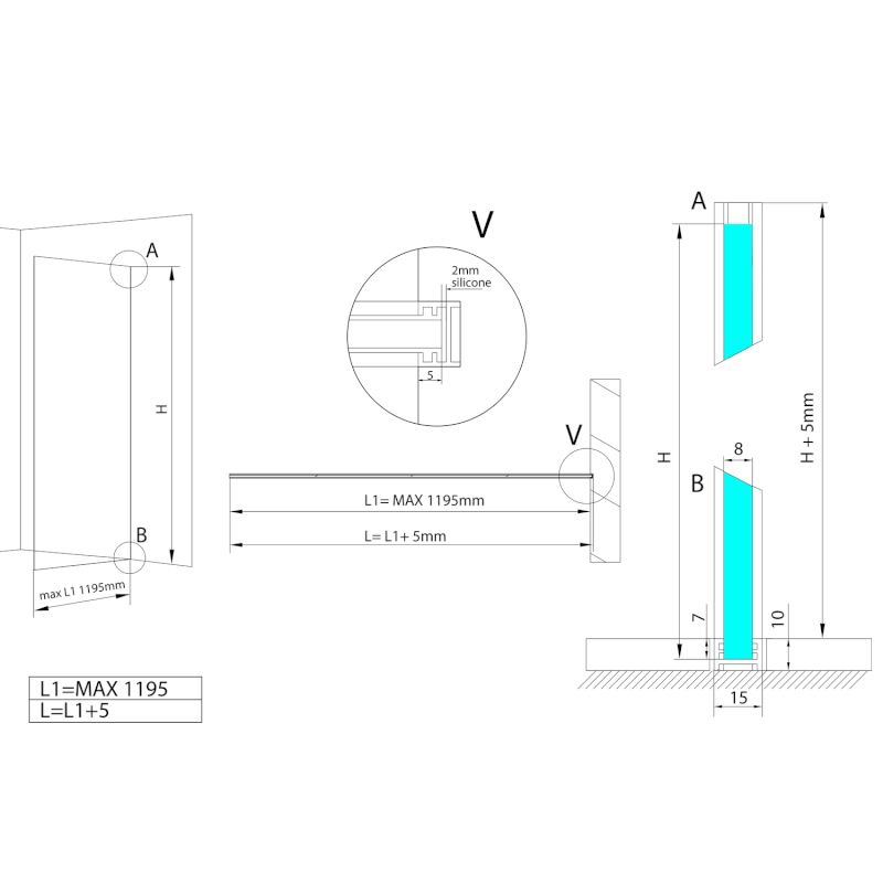 ARCHITEX sada pro uchycení skla, podlaha-stěna, max. š. 1200mm, leštěný hliník AL2112