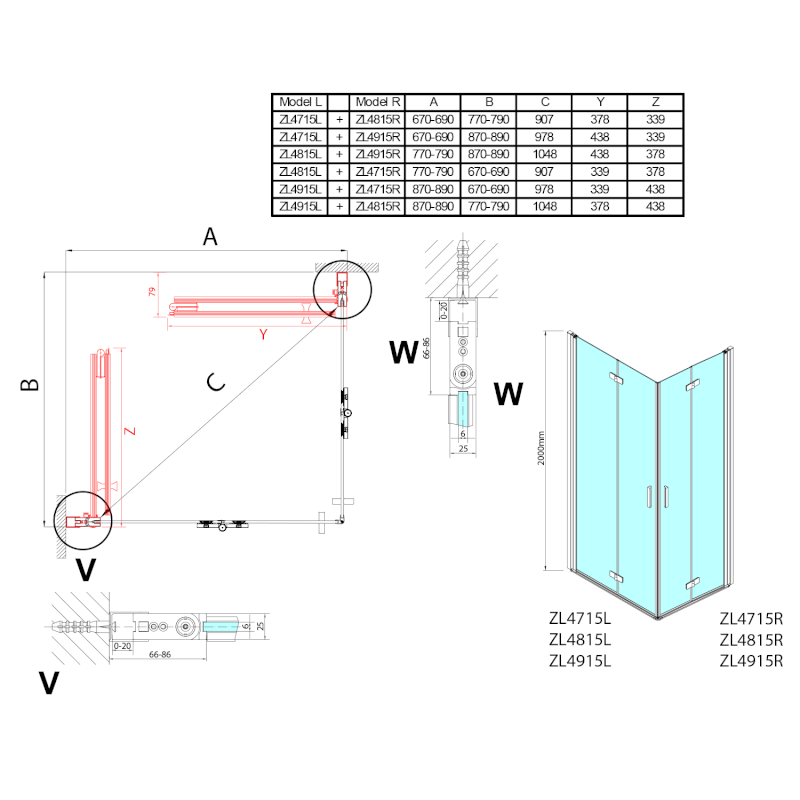 ZOOM sprchové dveře skládací 900mm, čiré sklo, pravé ZL4915R
