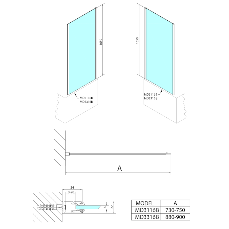 DEEP BLACK boční stěna 900x1650mm, čiré sklo MD3316B