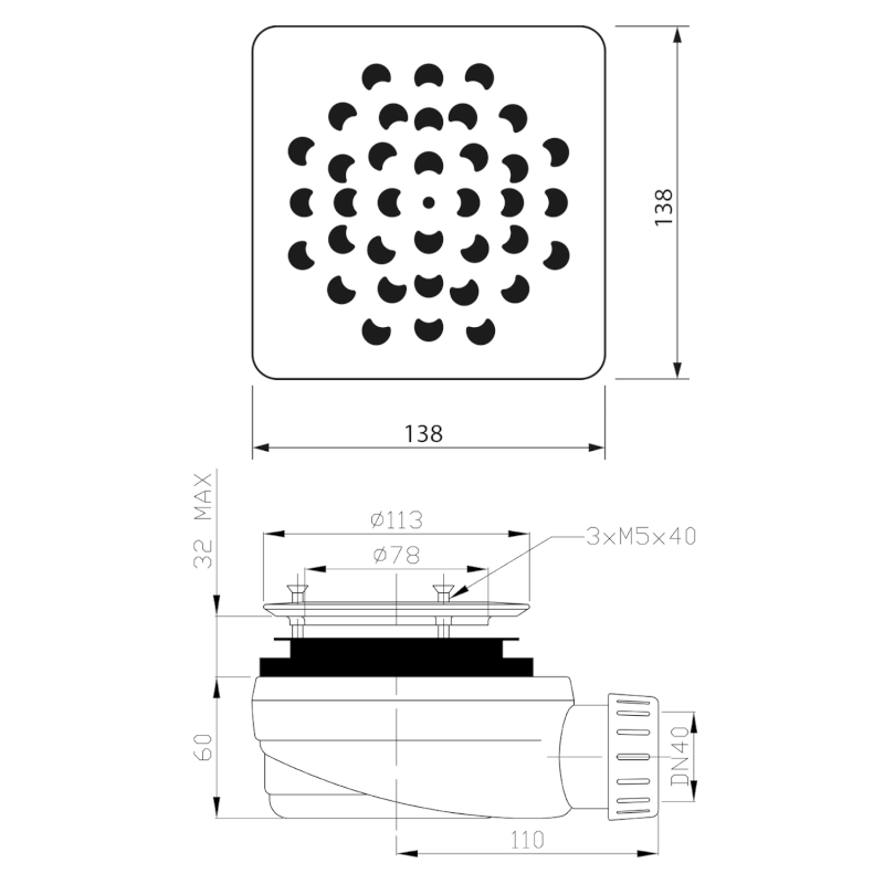 Vaničkový sifon, průměr otvoru 90 mm, DN40, krytka zlato KSM104G-SN90