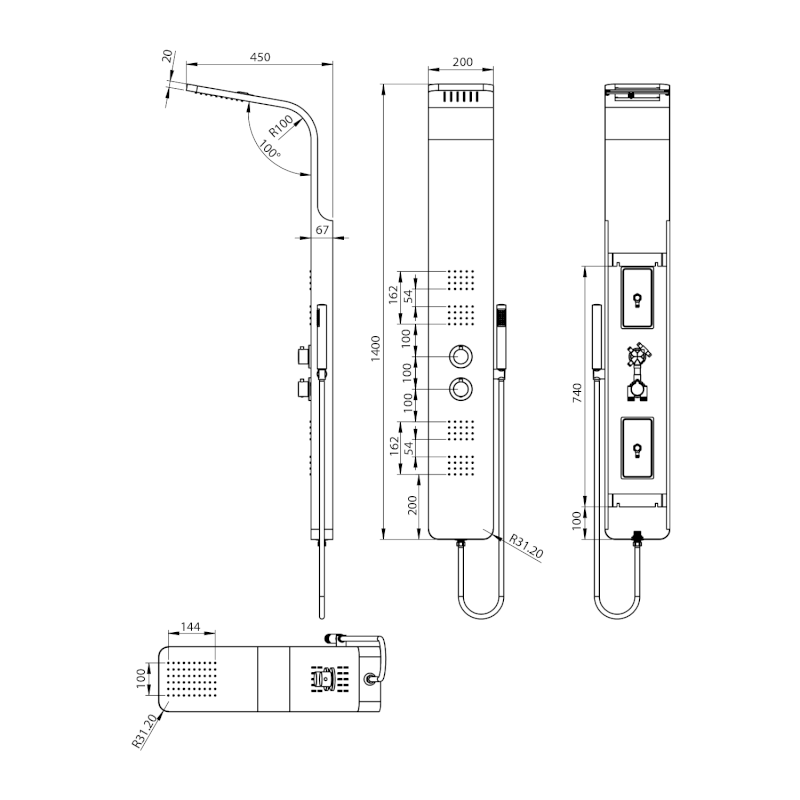 PRESTIGE termostatický sprchový panel 200x1400mm, nerez mat WN337