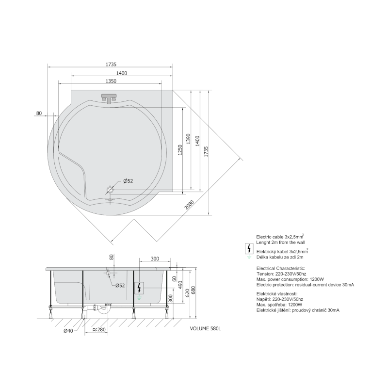 ROYAL CORNER hydromasážní vana, 173x173x49cm, Highline Hydro, chrom 74211.5010