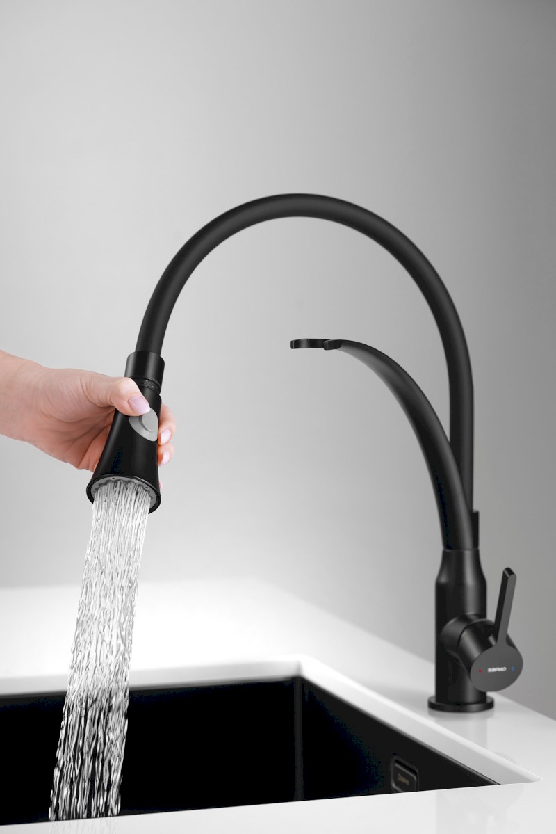 HEBE stojánková dřezová baterie se sprškou, černá mat HT430B