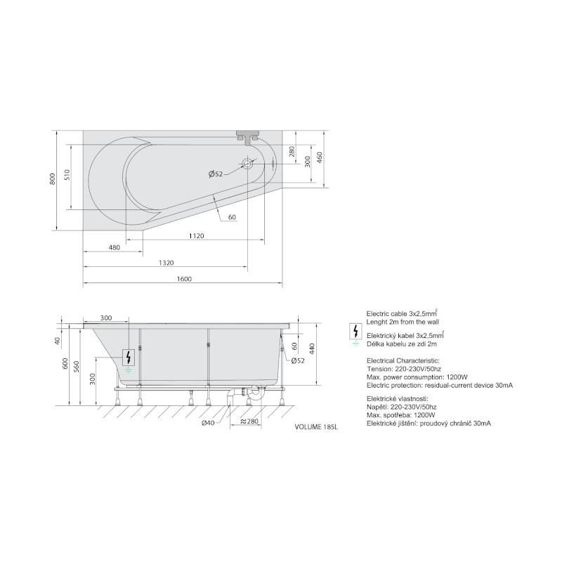 PROJEKTA L hydromasážní vana, 160x80x44cm, Highline hydro-Air, chrom 20111.6010