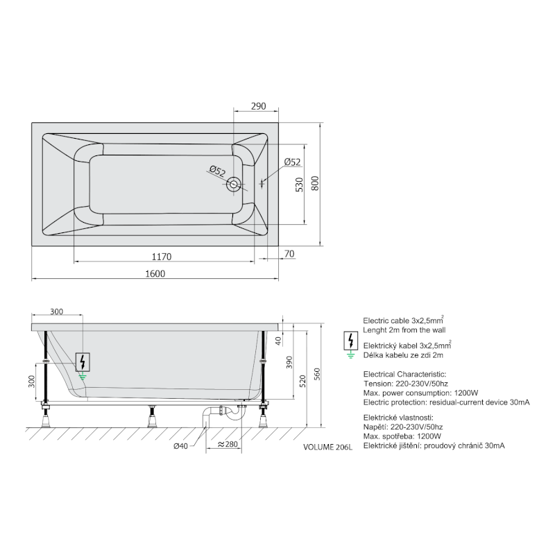 NOEMI hydromasážní vana, 160x80x39cm, Highline Hydro-Air, chrom 71722.6010