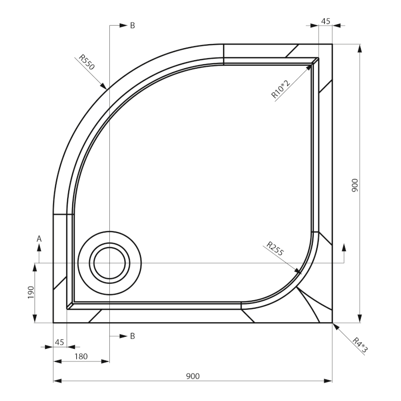 ERIKA sprchová vanička z litého mramoru, čtvrtkruh 90x90cm, R550, bílá GC559