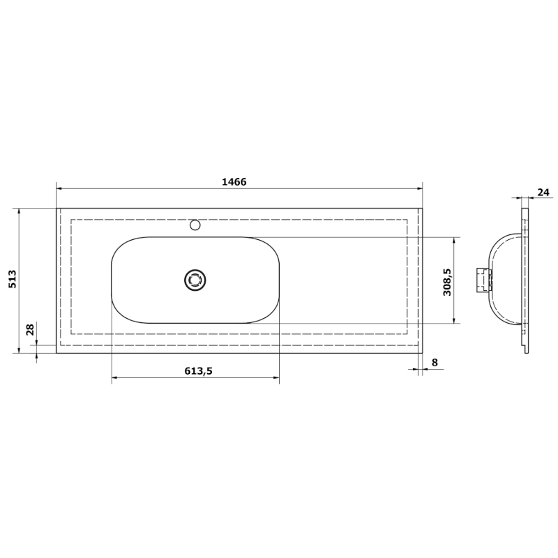 TREOS umyvadlo 146,6x51,3 cm (110+35), rockstone, levé, bílá mat TS147-0101-L