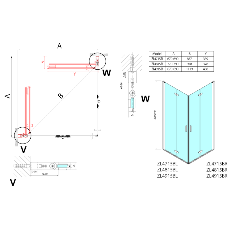 ZOOM BLACK sprchové dveře skládací 800mm, čiré sklo, pravé ZL4815BR