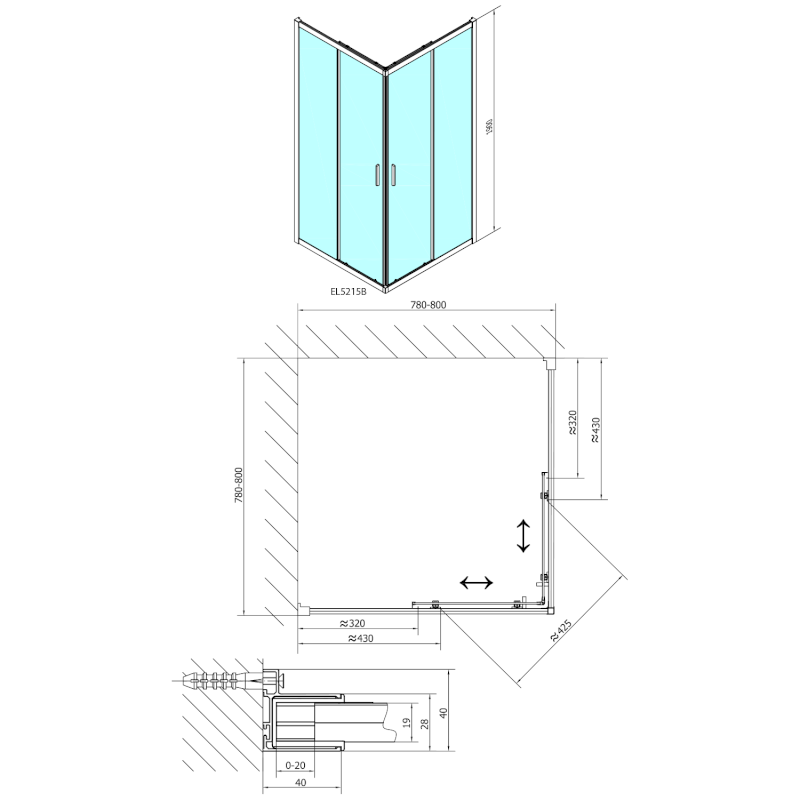 EASY BLACK čtvercová sprchová zástěna 800x800mm, čiré sklo EL5215B