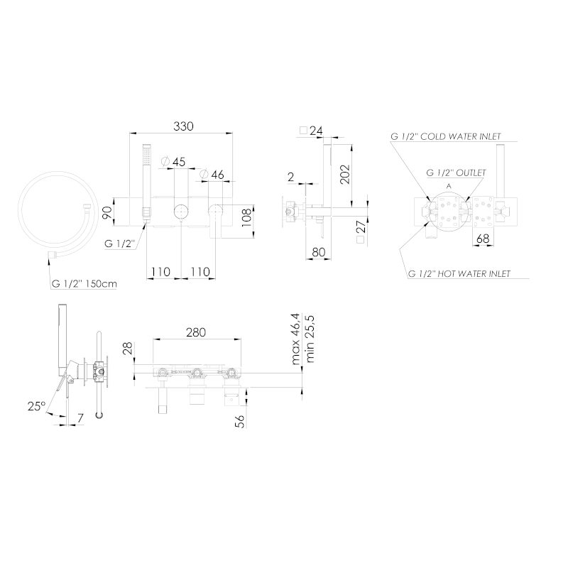 PAX podomítková sprchová/vanová baterie s ruční sprchou, 2 výstupy, bílá mat XA52/14