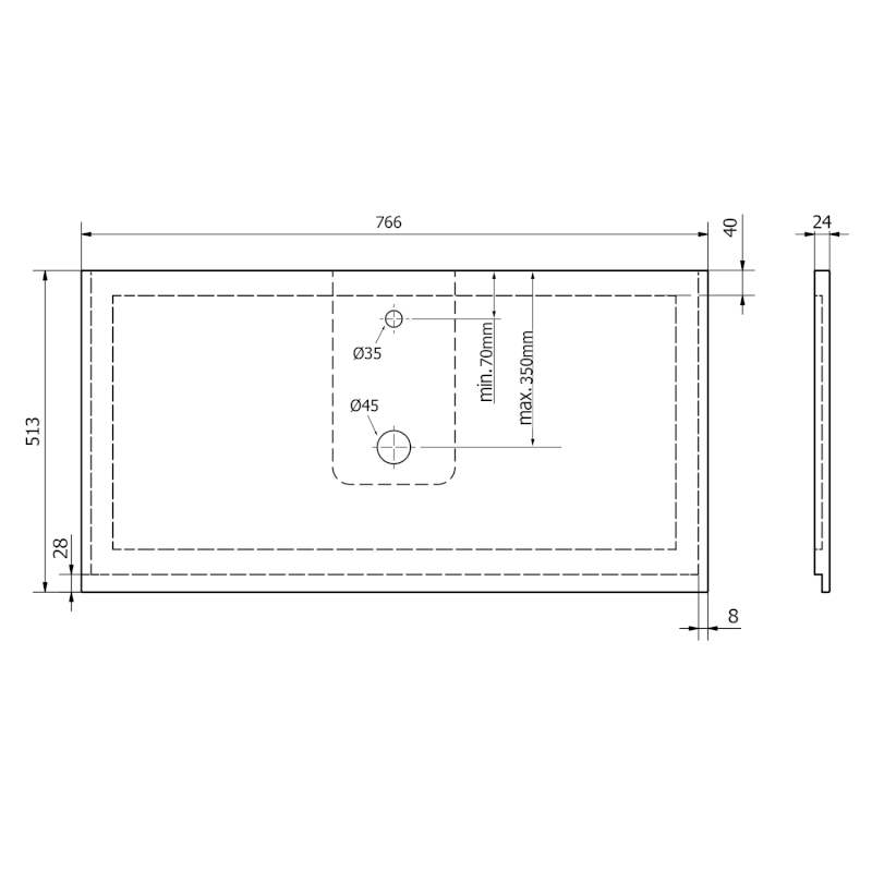 TREOS pracovní deska 766x513 mm, rockstone, bílá mat TX077-0101