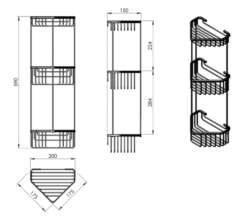 SMART třípatrová rohová police 200x590x150 mm, chrom 2484