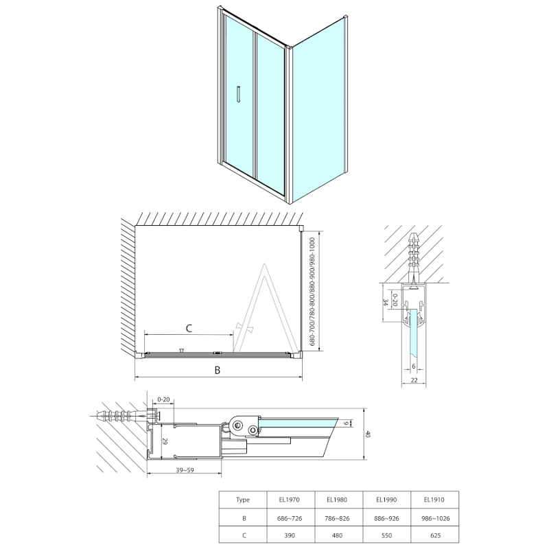 EASY sprchové dveře skládací 700mm, čiré sklo EL1970