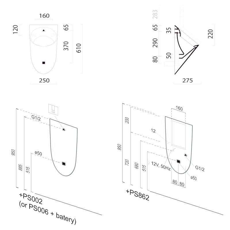 PURA urinál se zakrytým přívodem vody, 25x61cm, bílá ExtraGlaze 889711